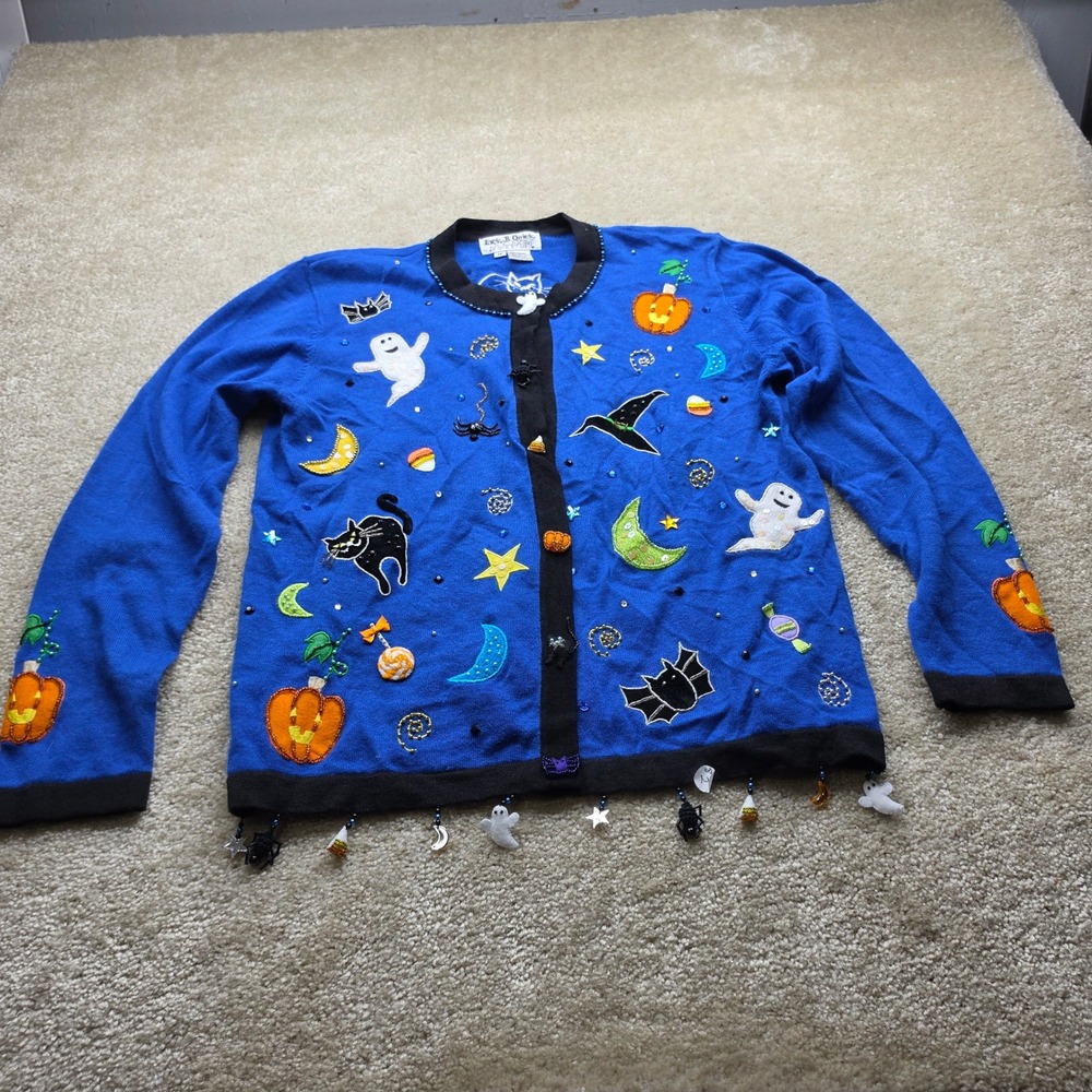 Jack B Quick Halloween Cardigan Blue Ghost Cat Pumpkin Beaded Sweater Size M